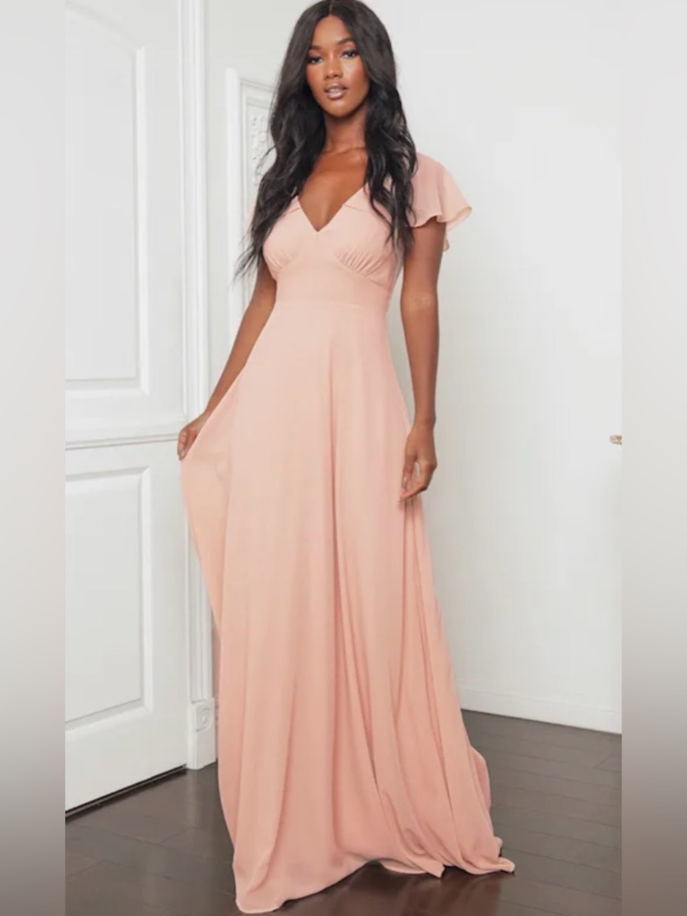 Lulu's Blush Flutter-Sleeve V-Neck Maxi Dress